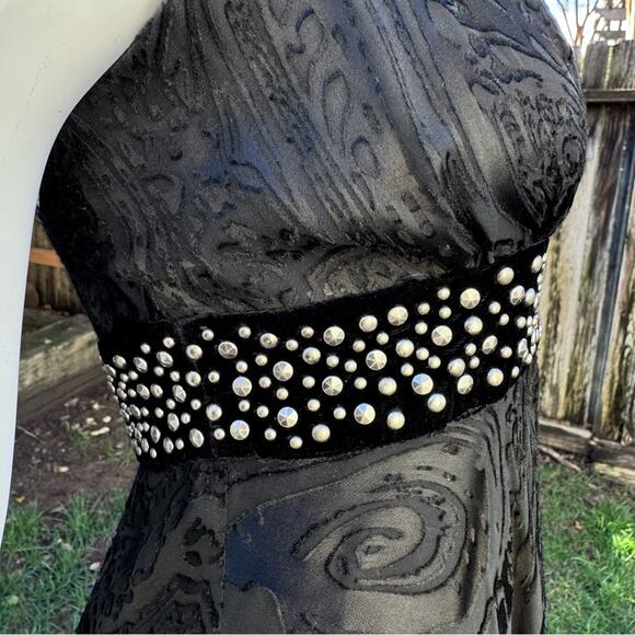 VTG Bebe Black Embroidered Studded Cross Back Hi Lo Dress Women's XS - Picture 10 of 16